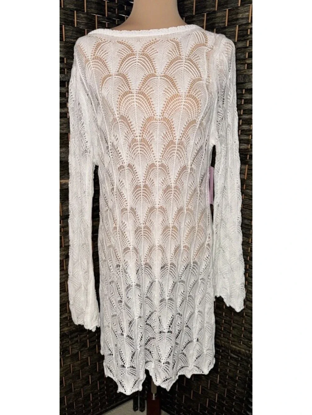 Wild Fable Women Long Sleeve Pointelle Mini Dress White Boho Festival Size XL
